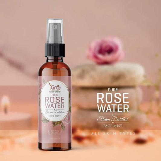Gro Rose Water Facial Toner 120ml – Organic & Natural Anti-Aging Mist | Makeup Remover, Hydrating Primer & Setting Spray | Pore Minimizing & Tightening