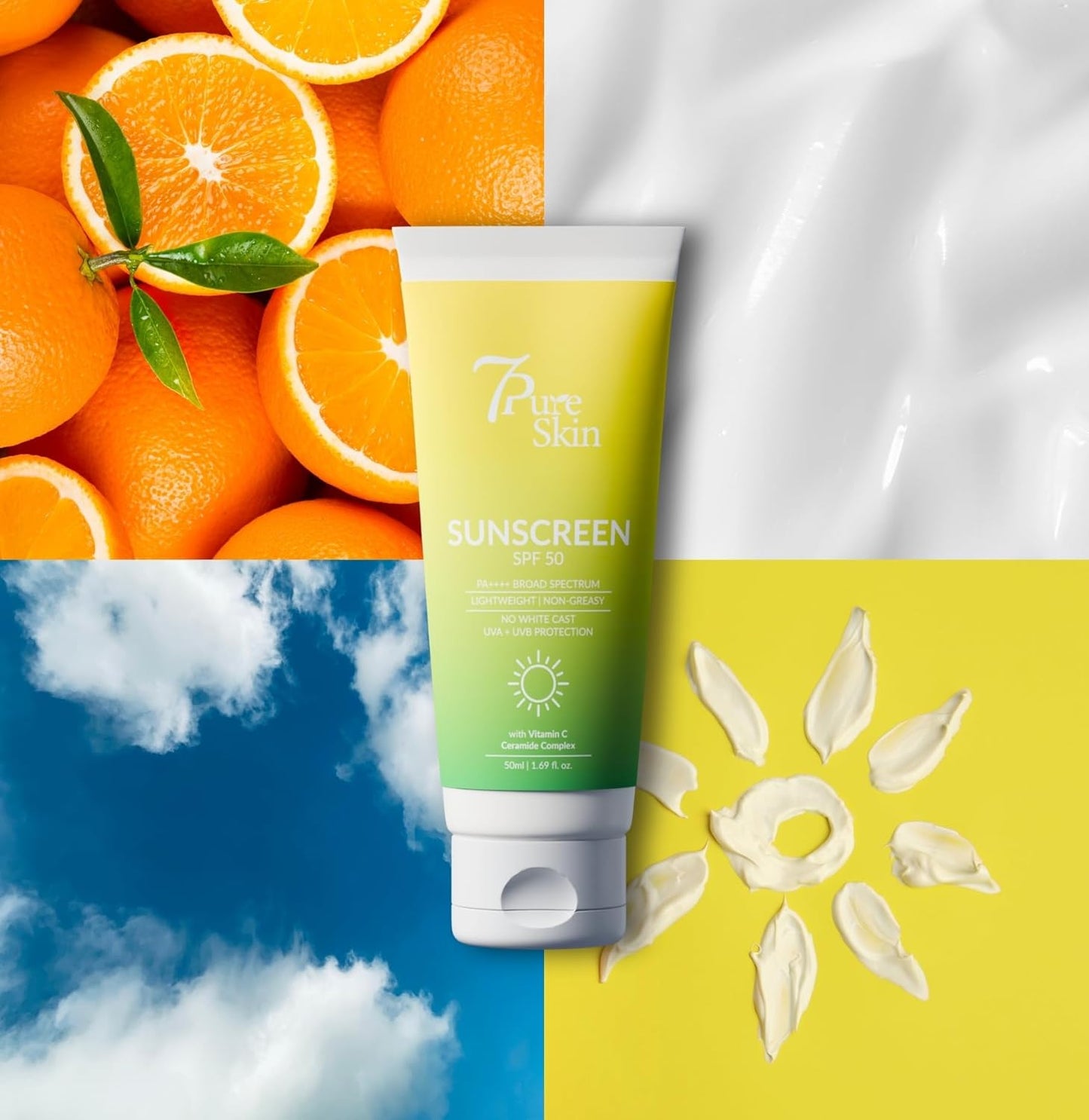 7Pure Skin Sunscreen SPF 50 PA++++ | Vitamin C, Ceramide & Niacinamide | Broad Spectrum UVA & UVB Protection – 50g