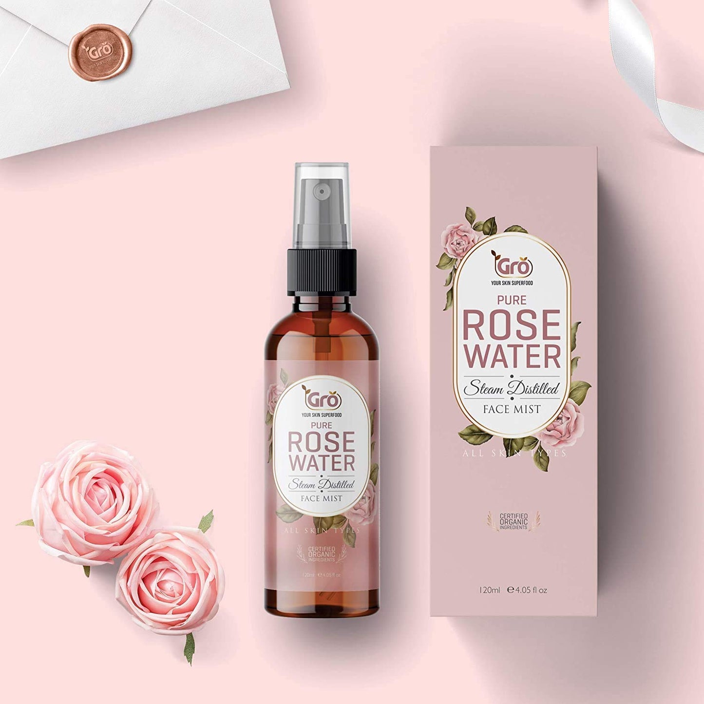 Gro Rose Water Facial Toner 120ml – Organic & Natural Anti-Aging Mist | Makeup Remover, Hydrating Primer & Setting Spray | Pore Minimizing & Tightening