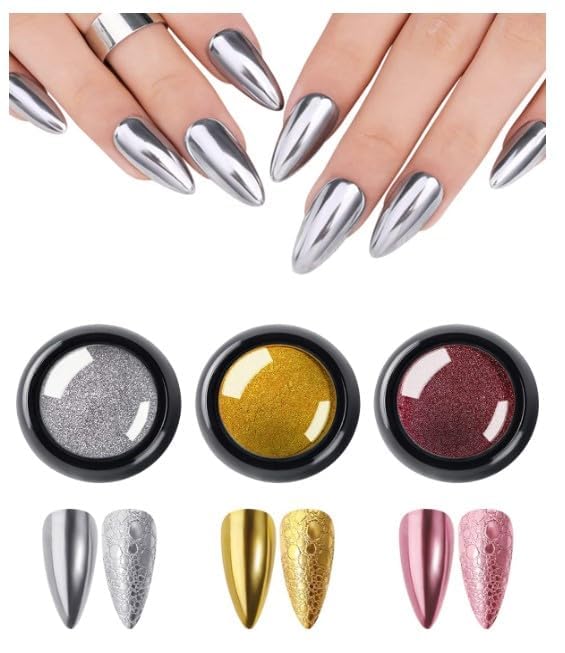 K2 Creation Chrome Nail Powder Set – 3 Colors Gold, Silver & Rose Gold | Holographic Mirror Effect | With Sponge Applicator | Nail Art Kit
