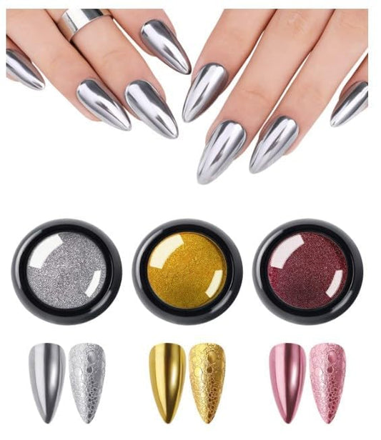 K2 Creation Chrome Nail Powder Set – 3 Colors Gold, Silver & Rose Gold | Holographic Mirror Effect | With Sponge Applicator | Nail Art Kit