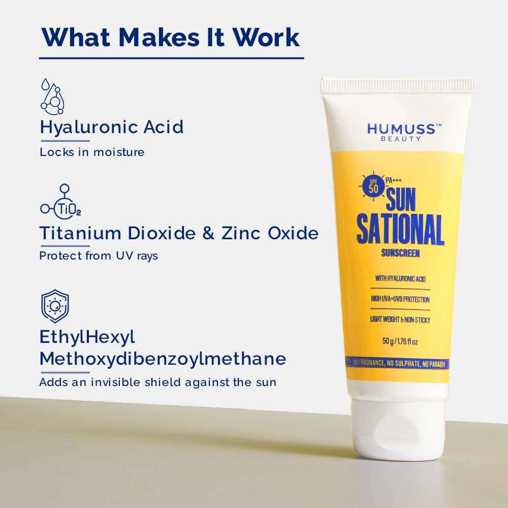 SPF 50 PA+++ Moisturizing Sunscreen – Hyaluronic Acid for Deep Hydration | No White Cast, Non-Greasy | UVA + UVB Protection | For Men & Women