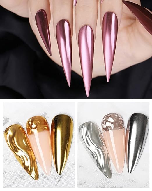 K2 Creation Chrome Nail Powder Set – 3 Colors Gold, Silver & Rose Gold | Holographic Mirror Effect | With Sponge Applicator | Nail Art Kit
