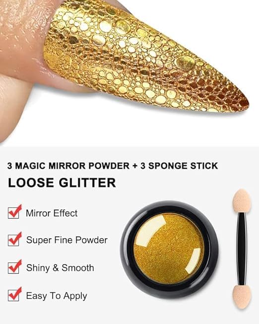 K2 Creation Chrome Nail Powder Set – 3 Colors Gold, Silver & Rose Gold | Holographic Mirror Effect | With Sponge Applicator | Nail Art Kit