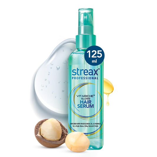 Streax Professional Vitariche Gloss Hair Serum 125ml – Anti Frizz Serum for Dry & Curly Hair | Vitamin E & Macadamia Oil | For Men & Women