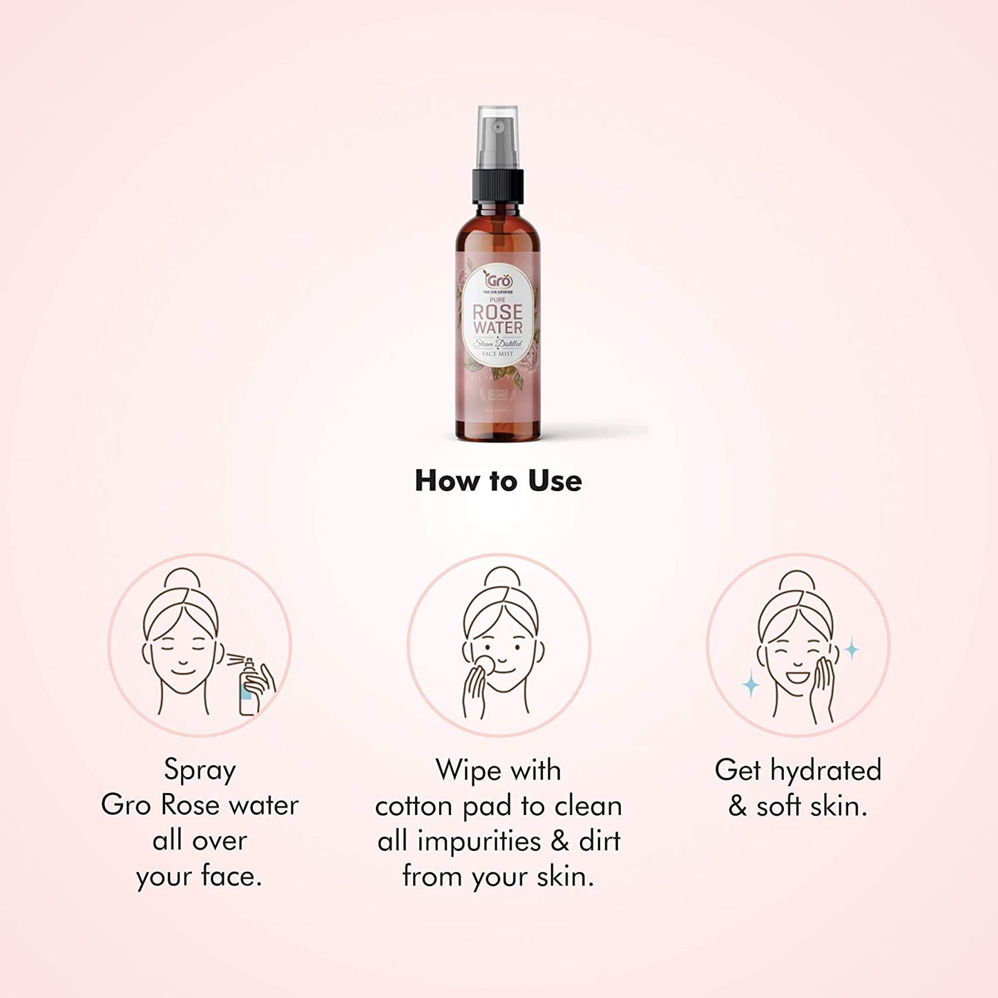Gro Rose Water Facial Toner 120ml – Organic & Natural Anti-Aging Mist | Makeup Remover, Hydrating Primer & Setting Spray | Pore Minimizing & Tightening
