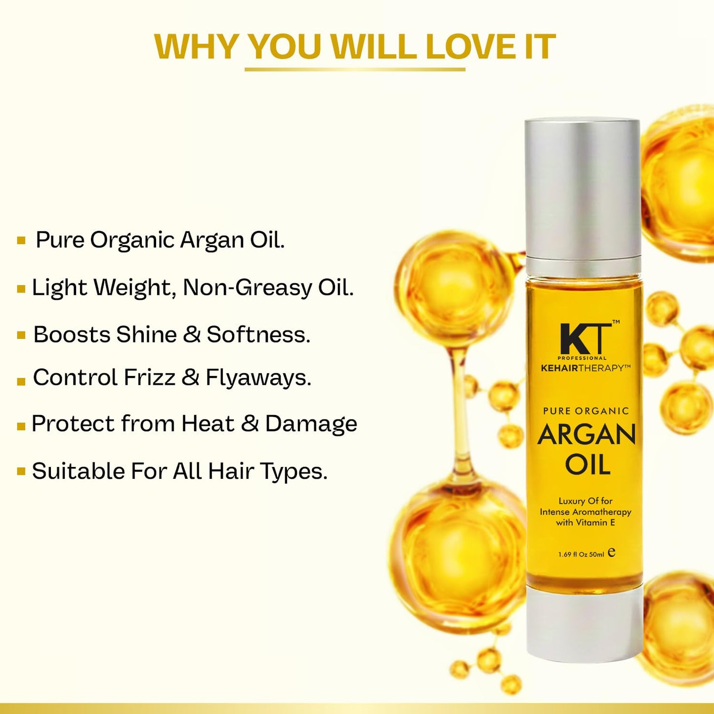 KT Professional Keratin Protein Argan Oil Hair Serum 50ml – Repairs Damaged Hair | Sulfate & Paraben Free | Vitamin E for Shine & Softness