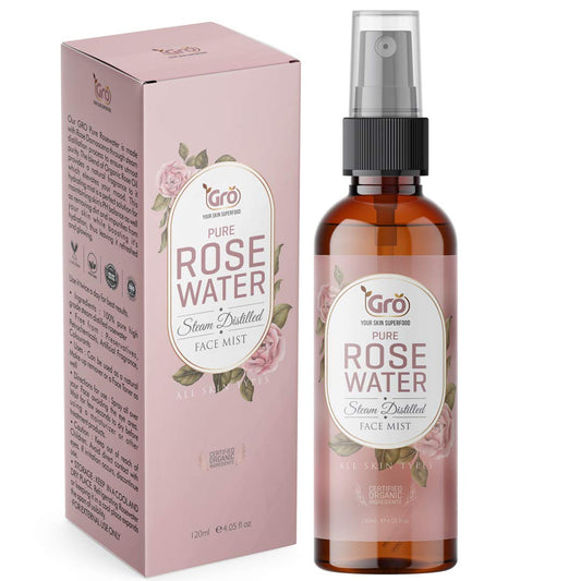 Gro Rose Water Facial Toner 120ml – Organic & Natural Anti-Aging Mist | Makeup Remover, Hydrating Primer & Setting Spray | Pore Minimizing & Tightening