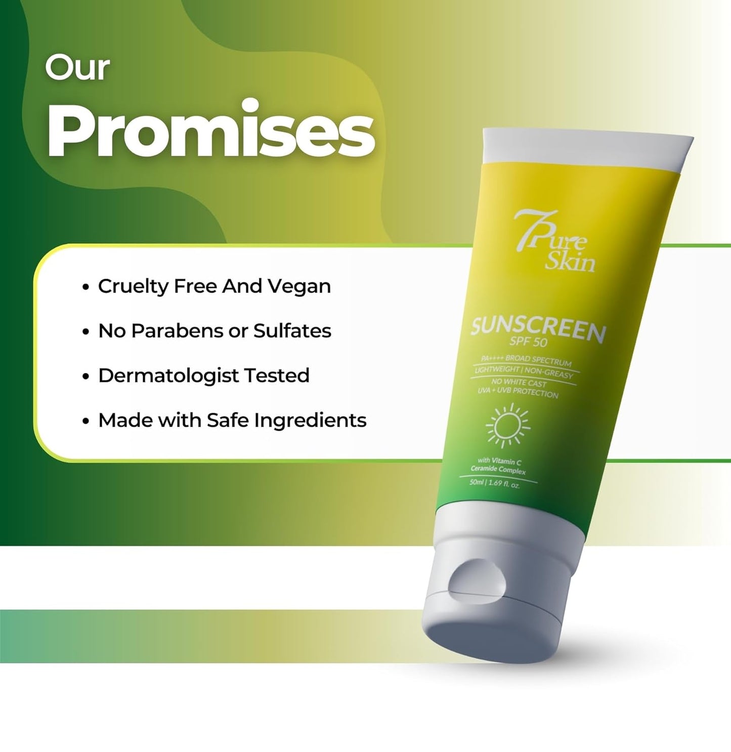 7Pure Skin Sunscreen SPF 50 PA++++ | Vitamin C, Ceramide & Niacinamide | Broad Spectrum UVA & UVB Protection – 50g