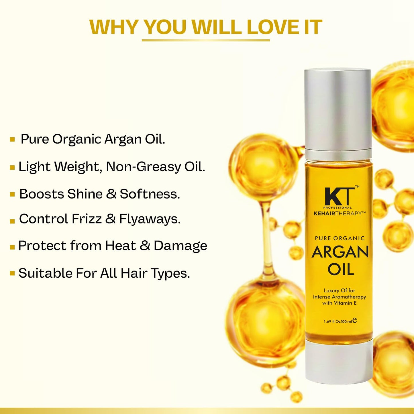 KT Professional Keratin Protein Argan Oil Hair Serum 50ml – Repairs Damaged Hair | Sulfate & Paraben Free | Vitamin E for Shine & Softness