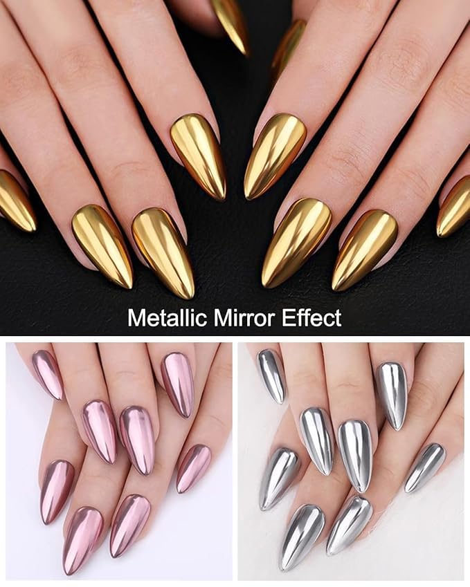 K2 Creation Chrome Nail Powder Set – 3 Colors Gold, Silver & Rose Gold | Holographic Mirror Effect | With Sponge Applicator | Nail Art Kit