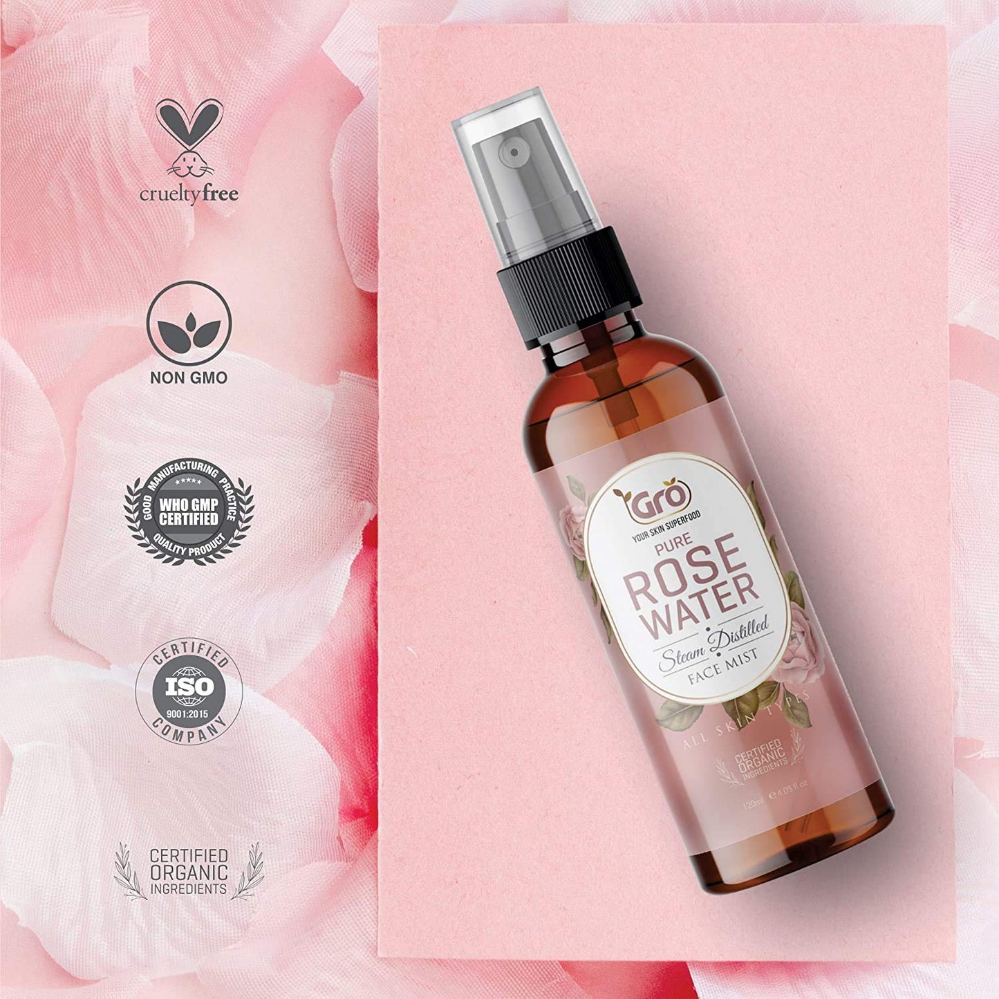 Gro Rose Water Facial Toner 120ml – Organic & Natural Anti-Aging Mist | Makeup Remover, Hydrating Primer & Setting Spray | Pore Minimizing & Tightening