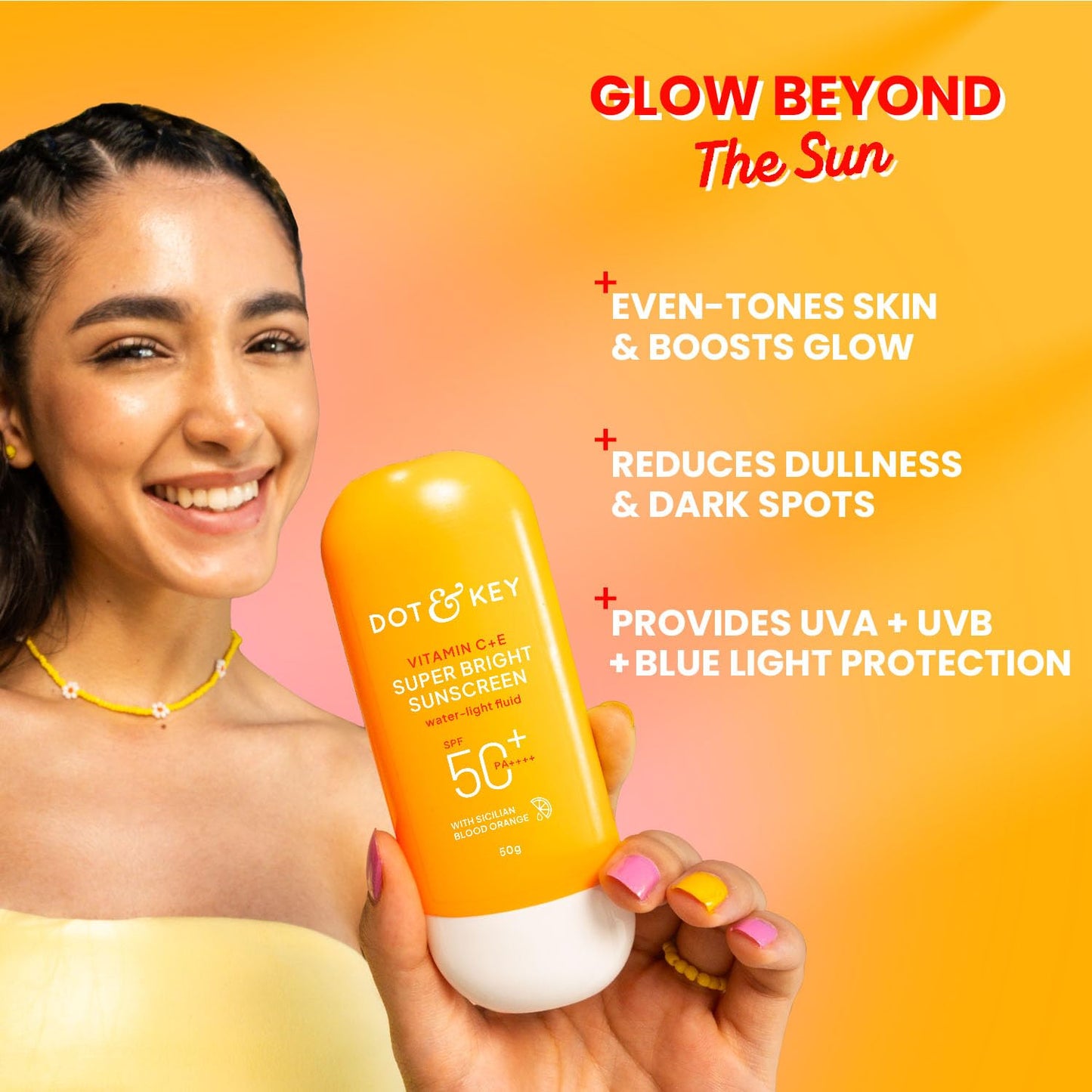Dot & Key Vitamin C+E Super Bright Sunscreen SPF 50+ PA++++ | Boosts Glow, Reduces Dark Spots & Dullness | No White Cast | 50g