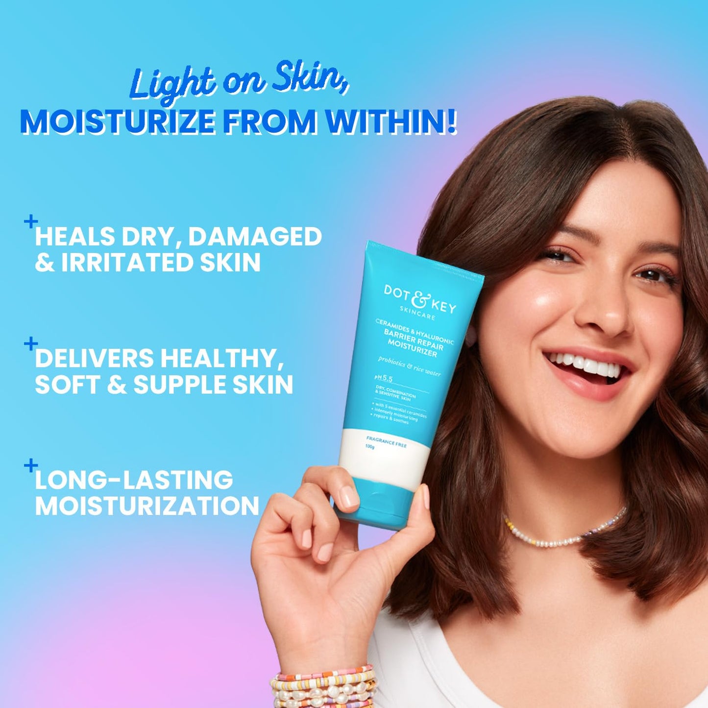 Dot & Key Barrier Repair Moisturizer For Normal, Dry, Combination & Sensitive Skin | 120 Hrs Moisturization, With 5 Ceramides & Hyaluronic | Repairs Damaged Skin Barrier, Non-Comedogenic | 100g