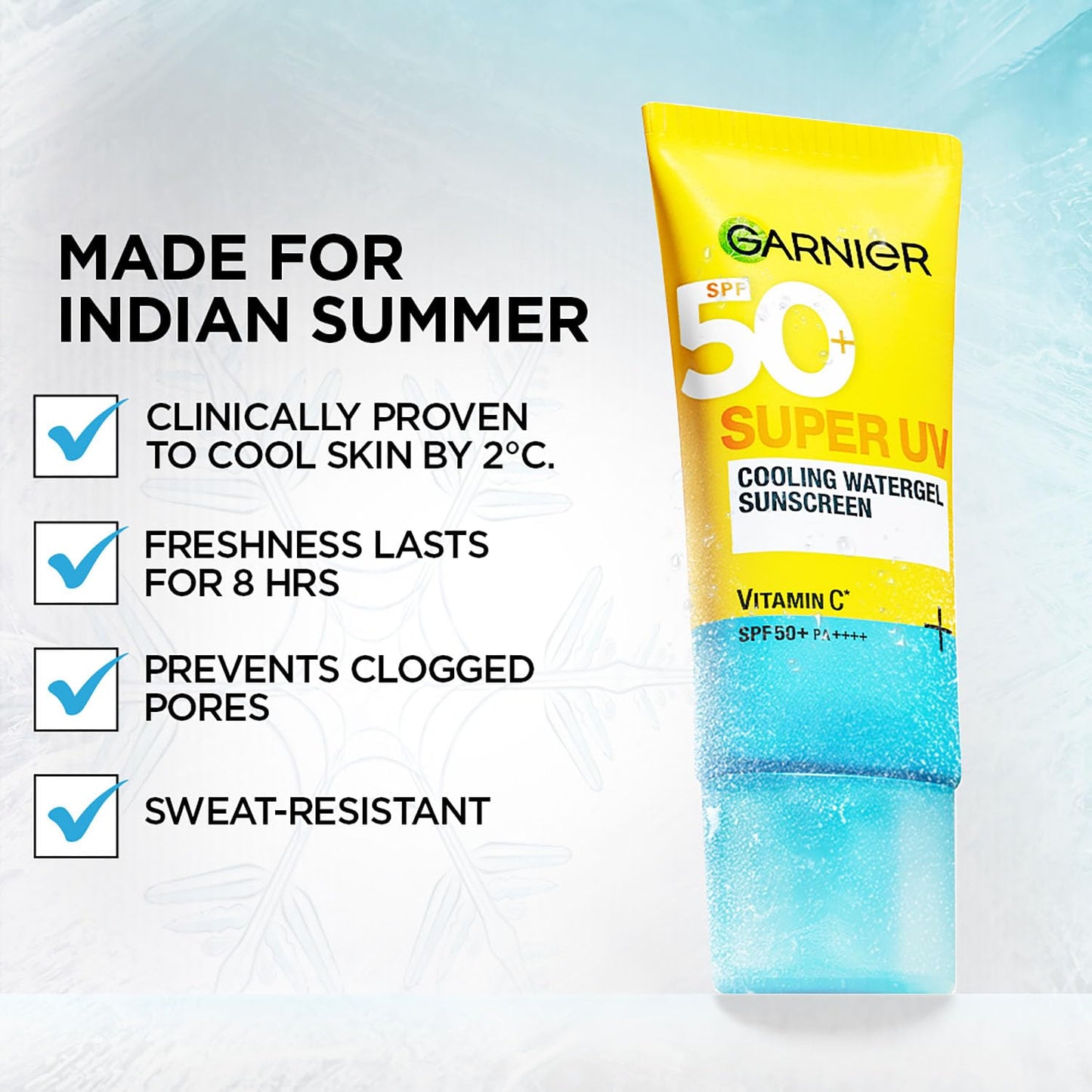 Garnier Super UV Cooling Watergel Sunscreen SPF 50 PA++++ | Instant Cooling, 8hr Freshness | No White Cast | All Skin Types | 60ml