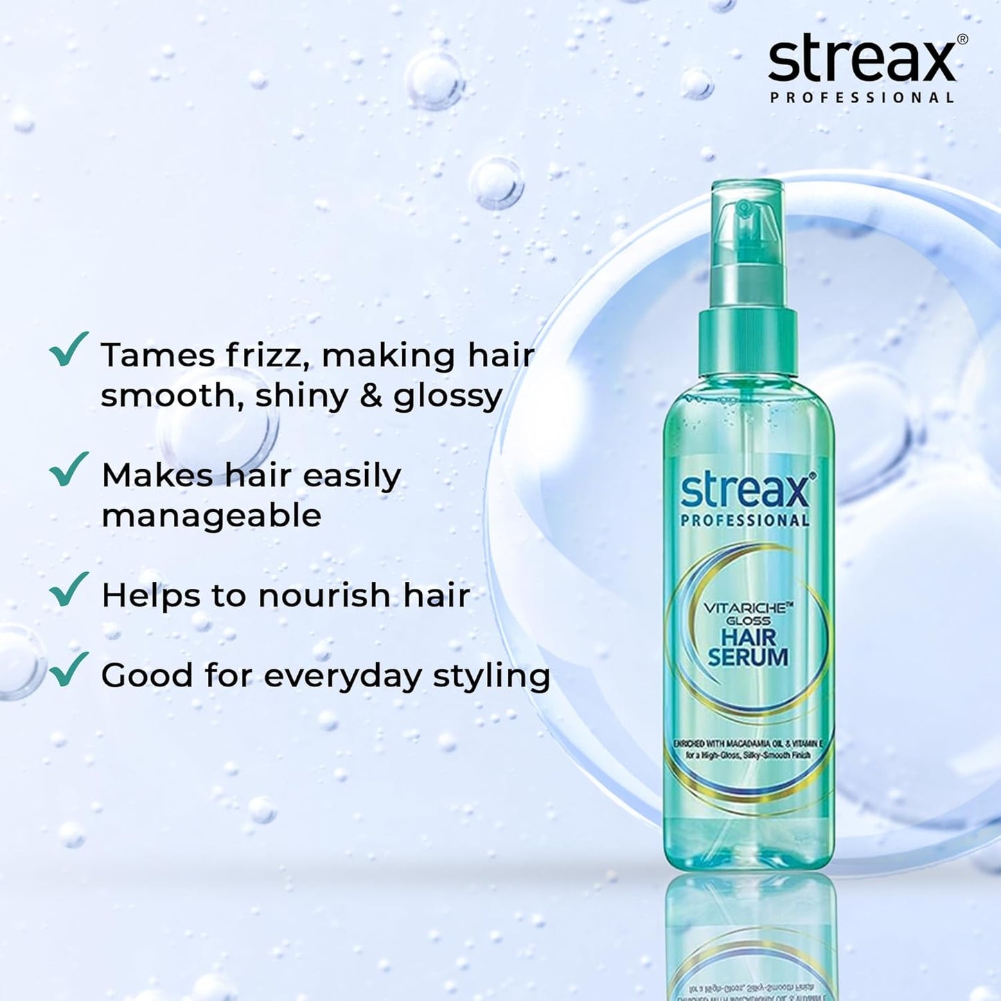 Streax Professional Vitariche Gloss Hair Serum 125ml – Anti Frizz Serum for Dry & Curly Hair | Vitamin E & Macadamia Oil | For Men & Women