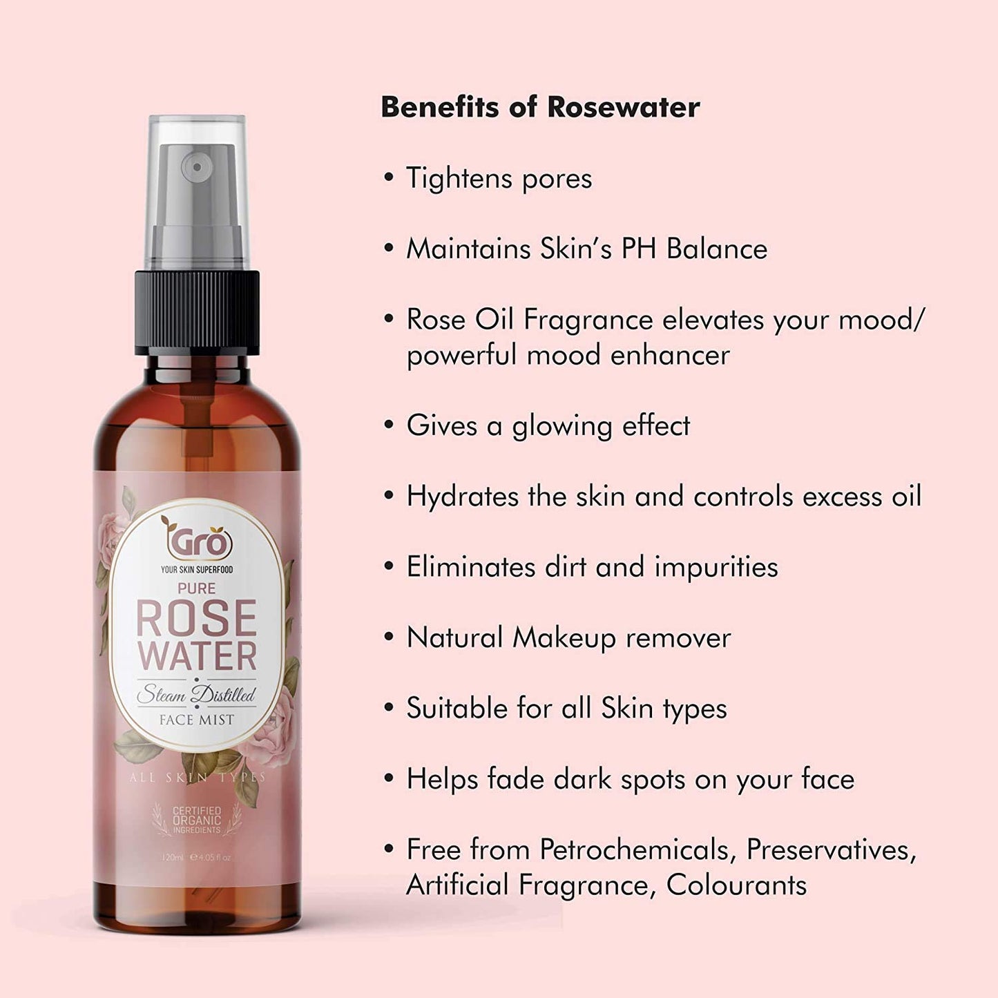 Gro Rose Water Facial Toner 120ml – Organic & Natural Anti-Aging Mist | Makeup Remover, Hydrating Primer & Setting Spray | Pore Minimizing & Tightening