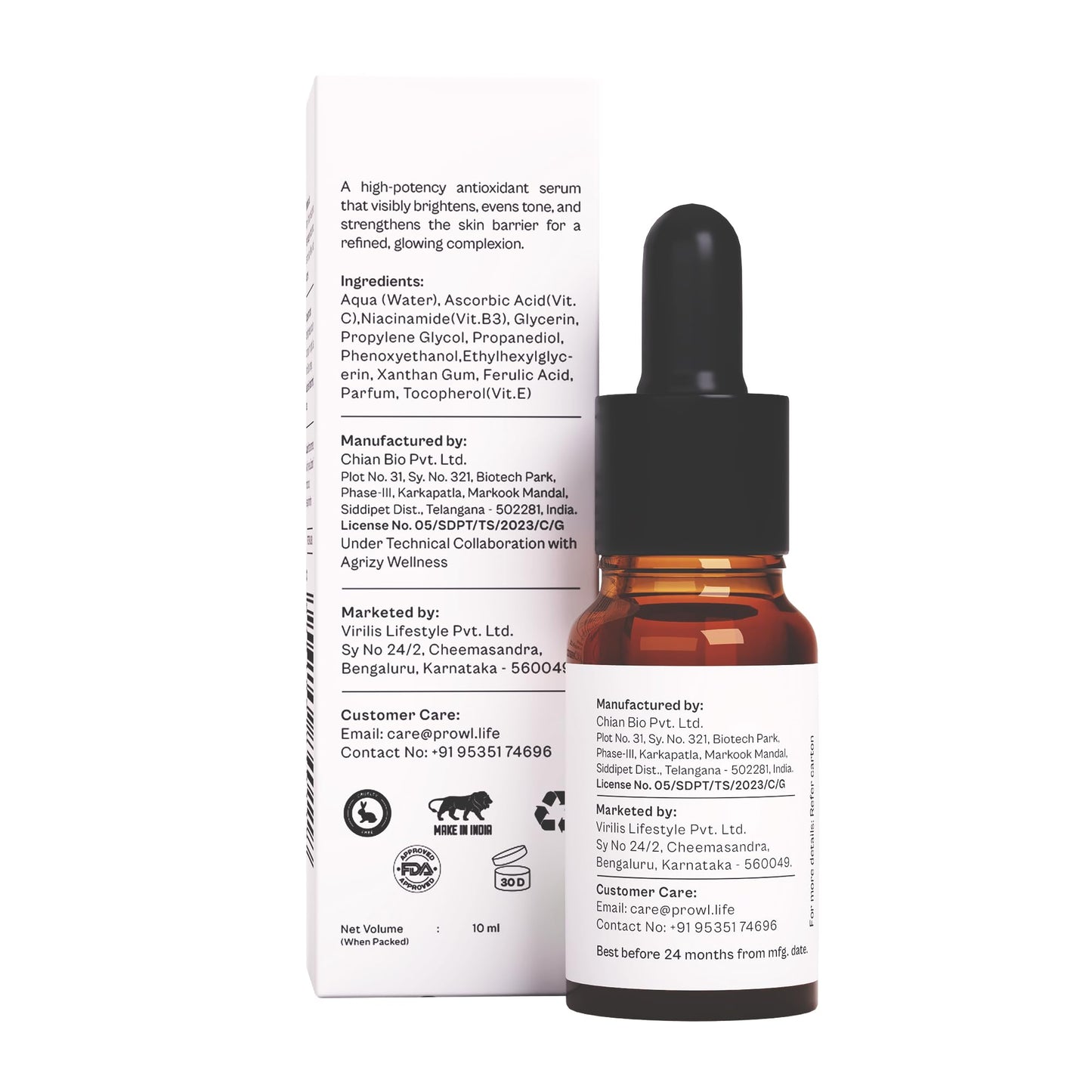 PROWL by Tiger Shroff 10% Vitamin C Serum for Daily Glowing Skin | Reduces Dark Spots & Evens Skin Tone for Men | Face Brightening Serums for All Sensitive Dry Oily Combination Skin Care | 10ml