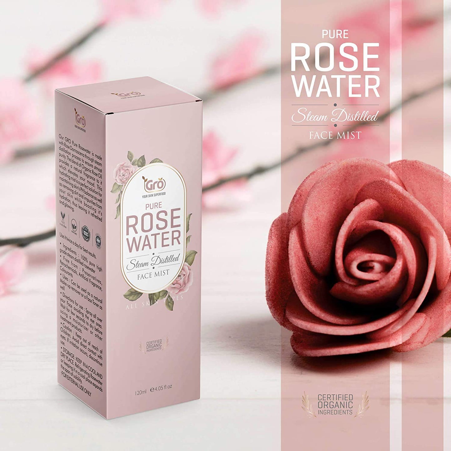 Gro Rose Water Facial Toner 120ml – Organic & Natural Anti-Aging Mist | Makeup Remover, Hydrating Primer & Setting Spray | Pore Minimizing & Tightening