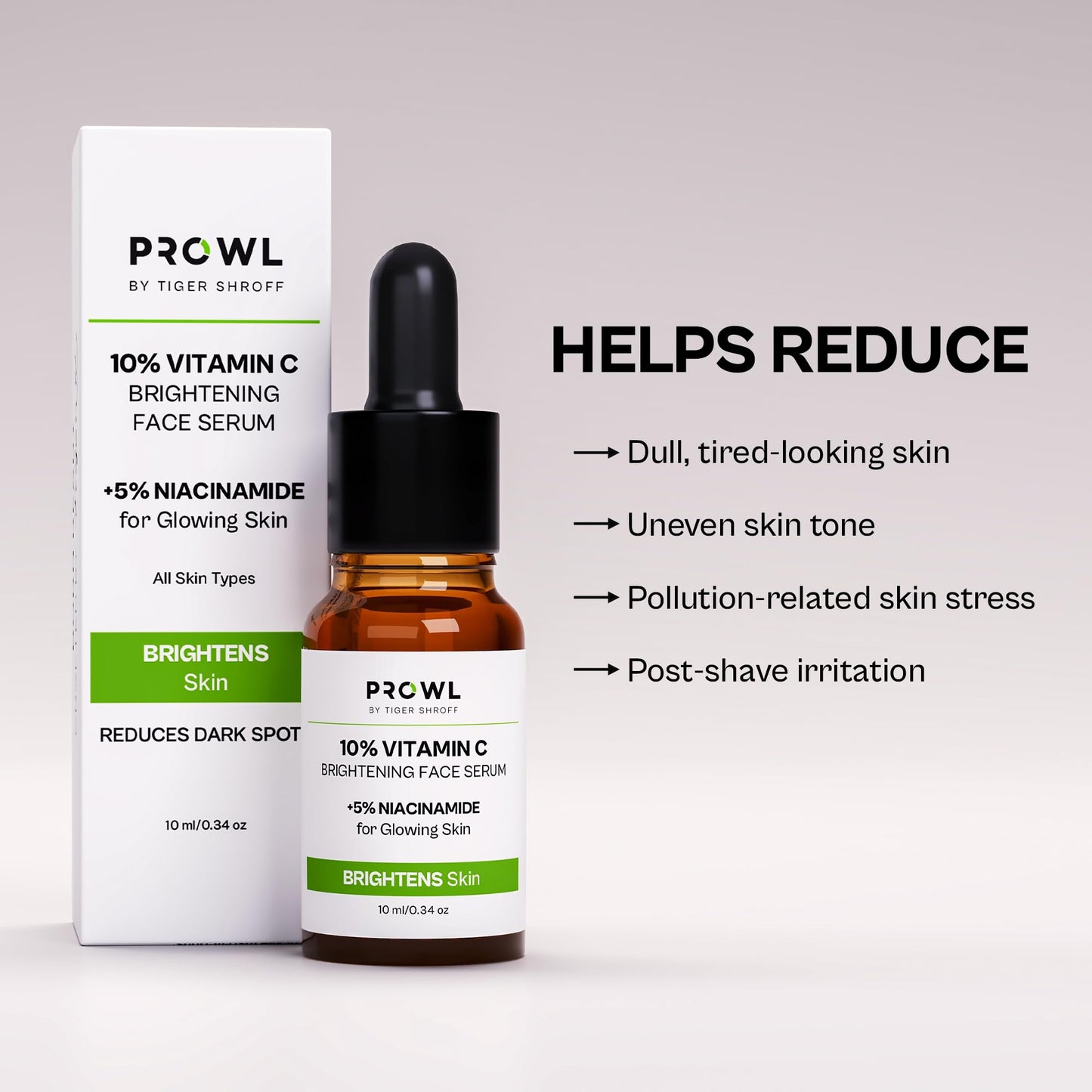 PROWL by Tiger Shroff 10% Vitamin C Serum for Daily Glowing Skin | Reduces Dark Spots & Evens Skin Tone for Men | Face Brightening Serums for All Sensitive Dry Oily Combination Skin Care | 10ml