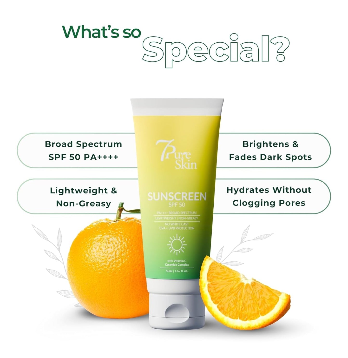 7Pure Skin Sunscreen SPF 50 PA++++ | Vitamin C, Ceramide & Niacinamide | Broad Spectrum UVA & UVB Protection – 50g