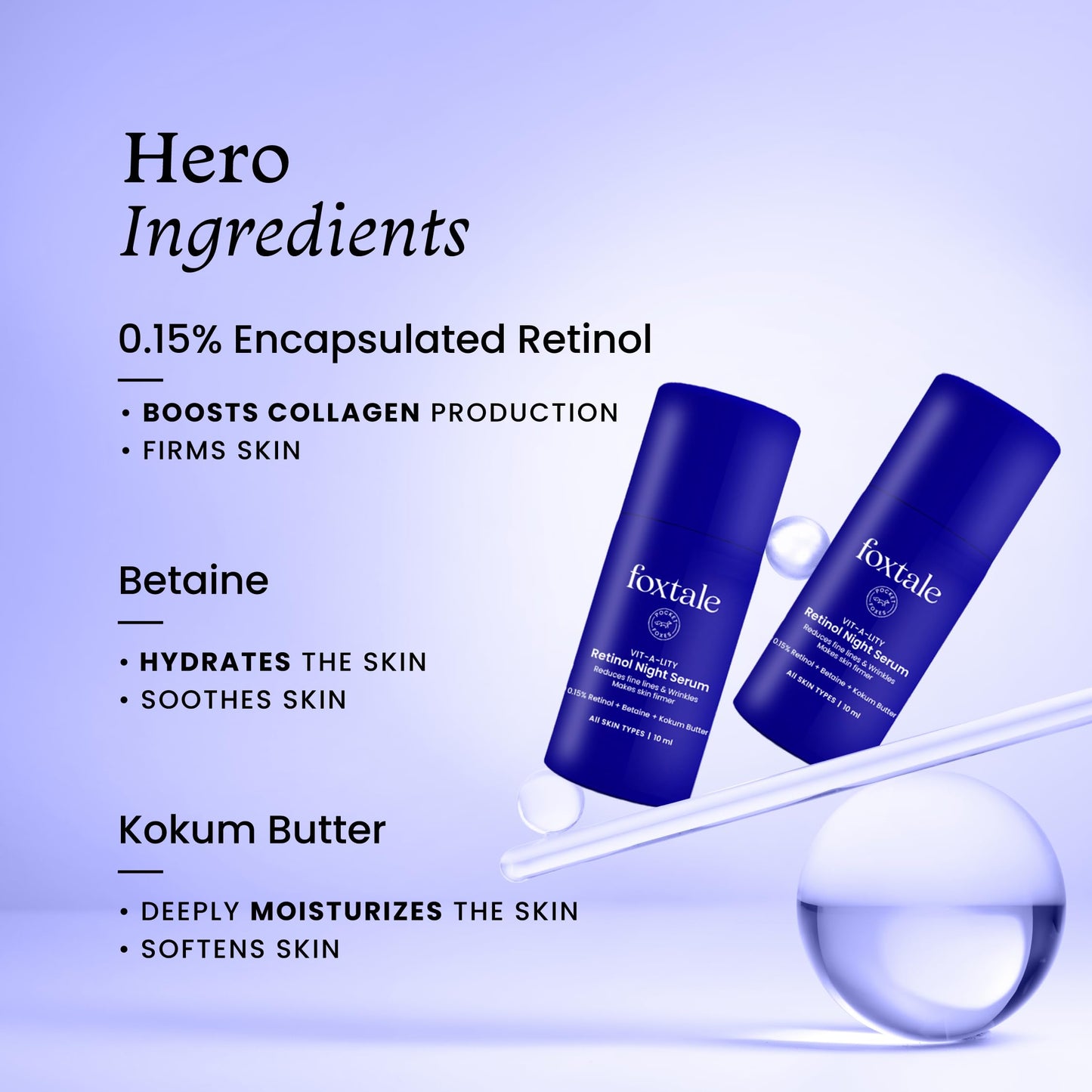 Foxtale 0.15% Retinol Night Serum | Anti-Aging, Reduces Fine Lines & Wrinkles | No Purging | All Skin Types | 30ml