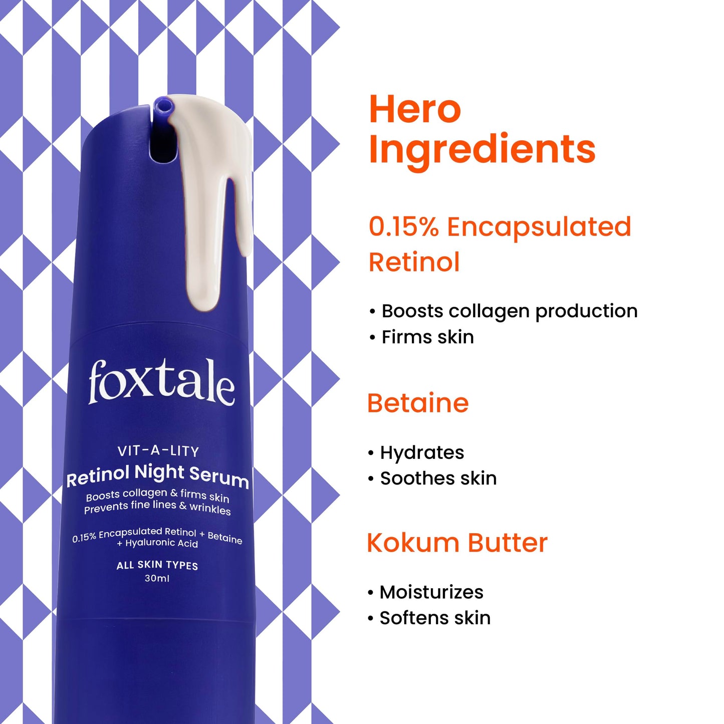 Foxtale 0.15% Retinol Night Serum | Anti-Aging, Reduces Fine Lines & Wrinkles | No Purging | All Skin Types | 30ml